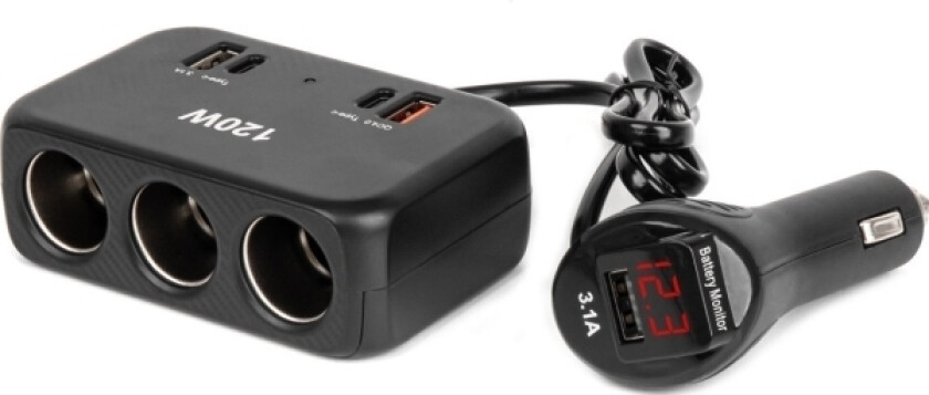 Sigarettenneruttak Splitter Med Lader 2X Usb-A 1X Usb-C Qc4.0 12V 24V 120W 80Cm Amio-04366