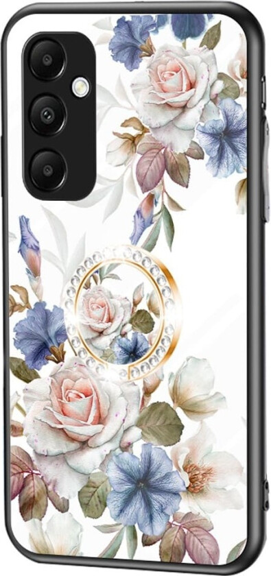 Til Samsung Galaxy A35 Herdet Glassdeksel Ring Kickstand Mobiltelefonveske - Hvit Blomst
