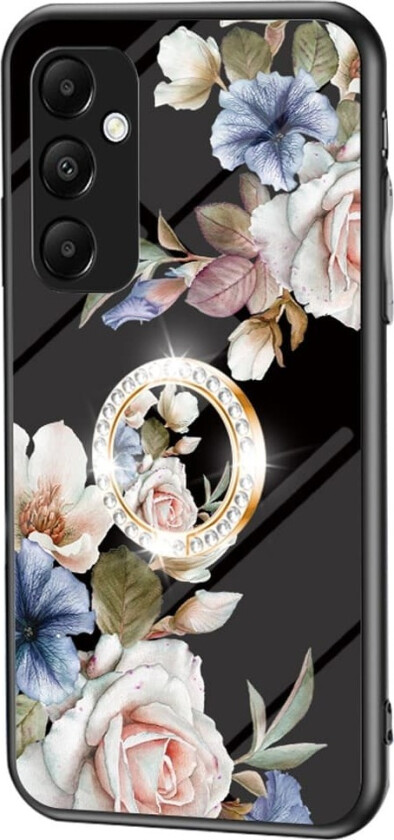Til Samsung Galaxy A35 Herdet Glassdeksel Ring Kickstand Mobiltelefonveske - Svart Blomsterbusk