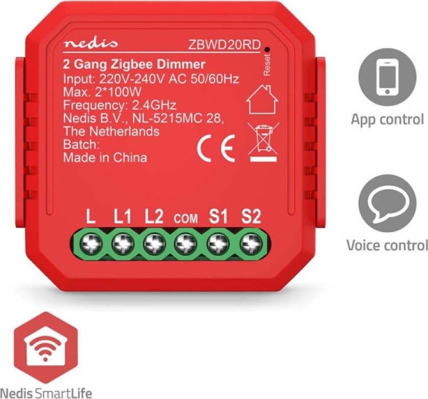 SmartLife Switch Zigbee 3.0 2x100 W Terminal connection Red