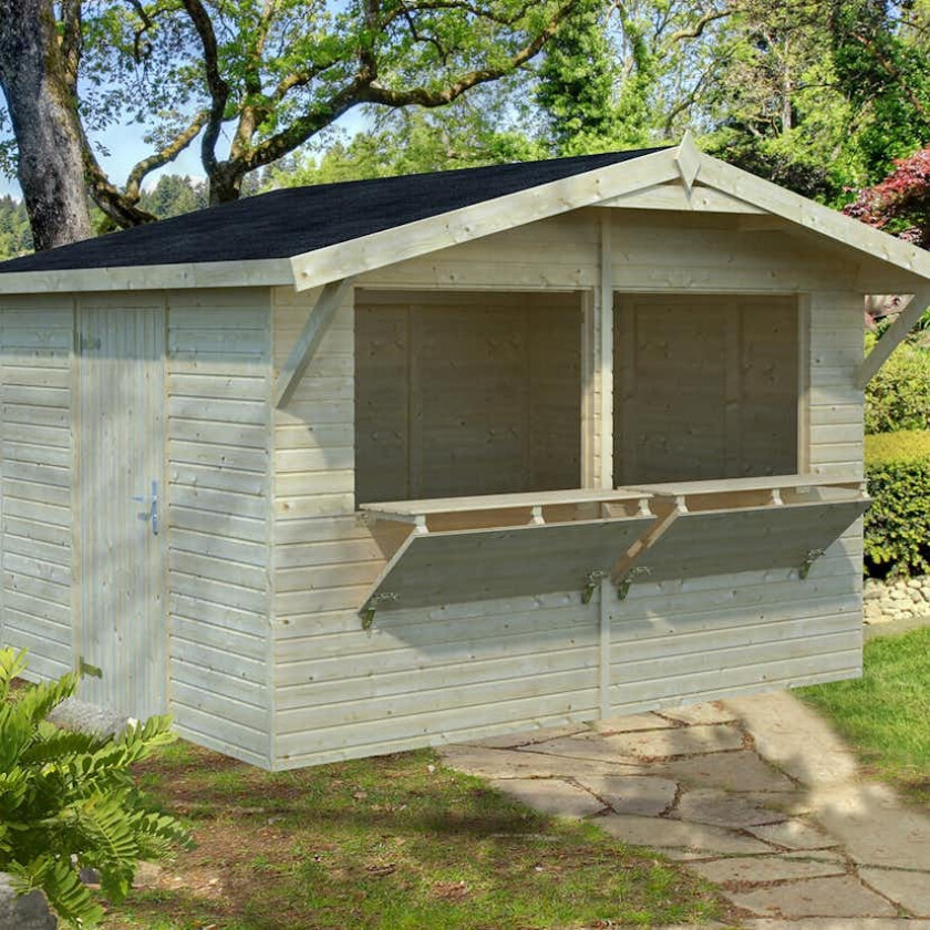 PalmakoKiosk Stella 8,2 m2 Kiosk til bruk på handelsdager, markeder, på idrettsanlegg, fotballstadioner m.m.
2 salgsluker i front som blir til disker når de slås ned.
Sidedør med lås.