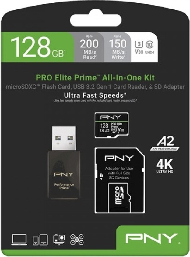 Memory Card Microsdxc Elite Prime 128Gb + Adapter Sd + Usb-A Card Reader