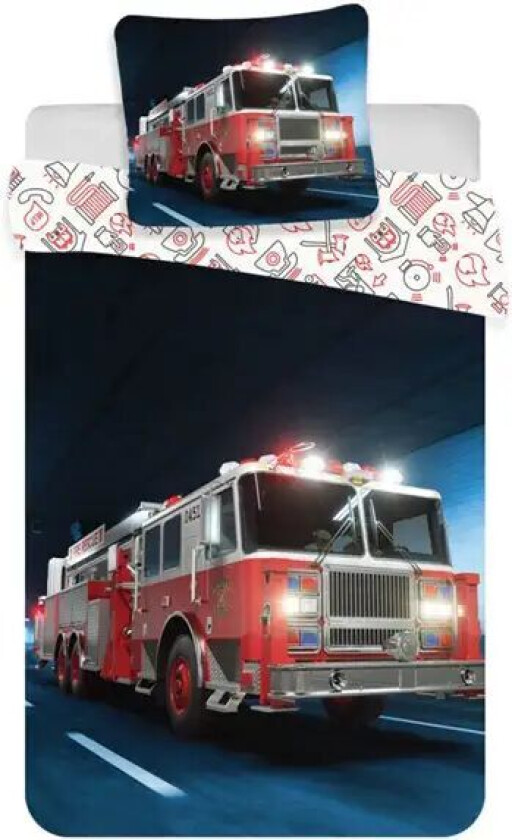 Junior sengetøy - 100x140 cm - Sengesett med brannbil - 2 i 1 design - 100% bomull