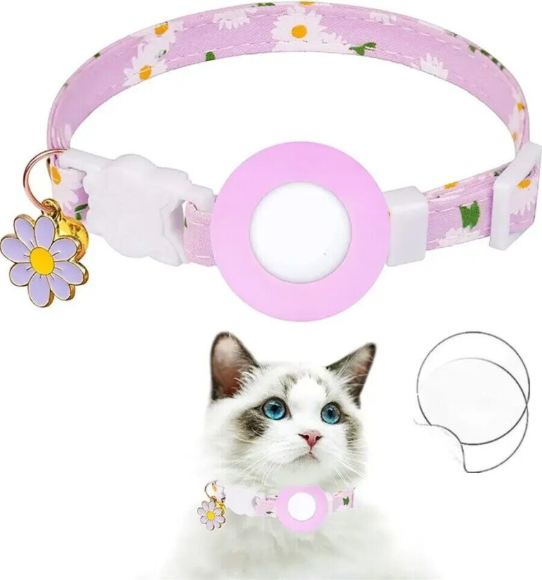 Kattehalsbånd med AirTag Silikondeksel og Film - Lilla med Tusenfryd