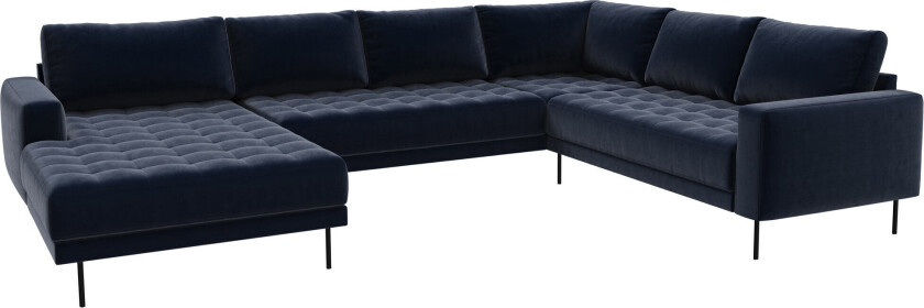 Rouge hjørnesofa med sjeselong og svarte ben. Mørke blå Venstre sving