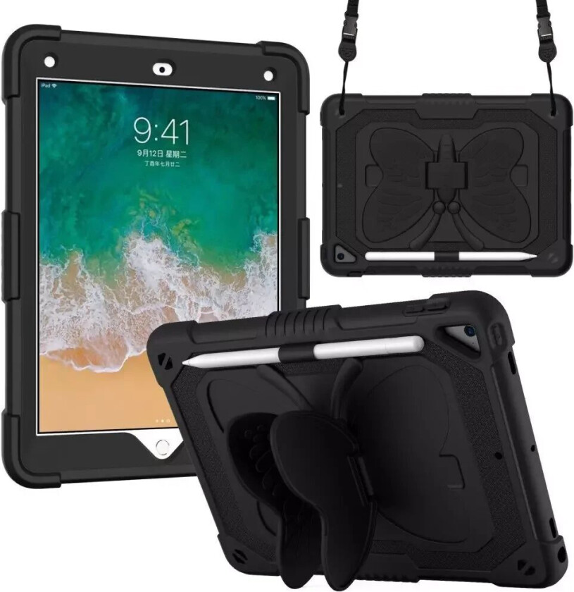 iPad (2018) / iPad (2017) / iPad Air 2 Butterfly Kickstand Barnedeksel - Svart