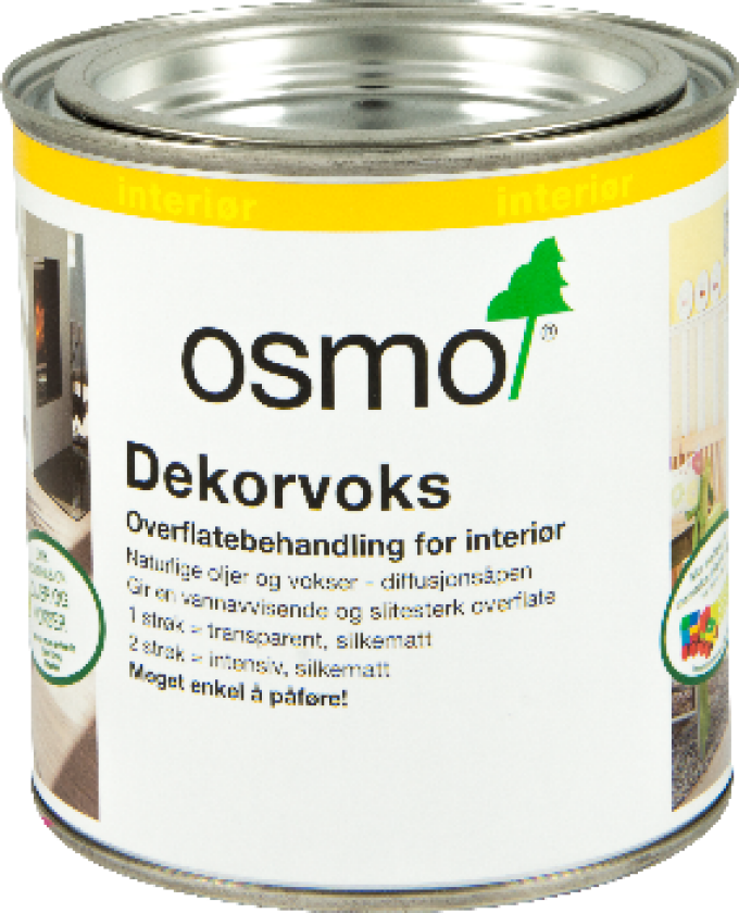 Dekorvoks intensiv 3115 0,375l lys grå Osmo Dekorvoks er spesielt designet for bruk på vegg, tak, møbler og andre interiørdetaljer av tre og er basert på naturlige planteoljer og vokser.