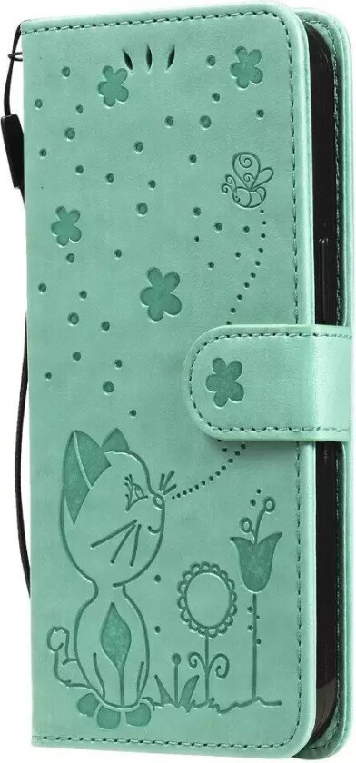 iPhone 15 Flip Deksel i Skinn med Lommebok og Stropp - Kattegravering - Grønn