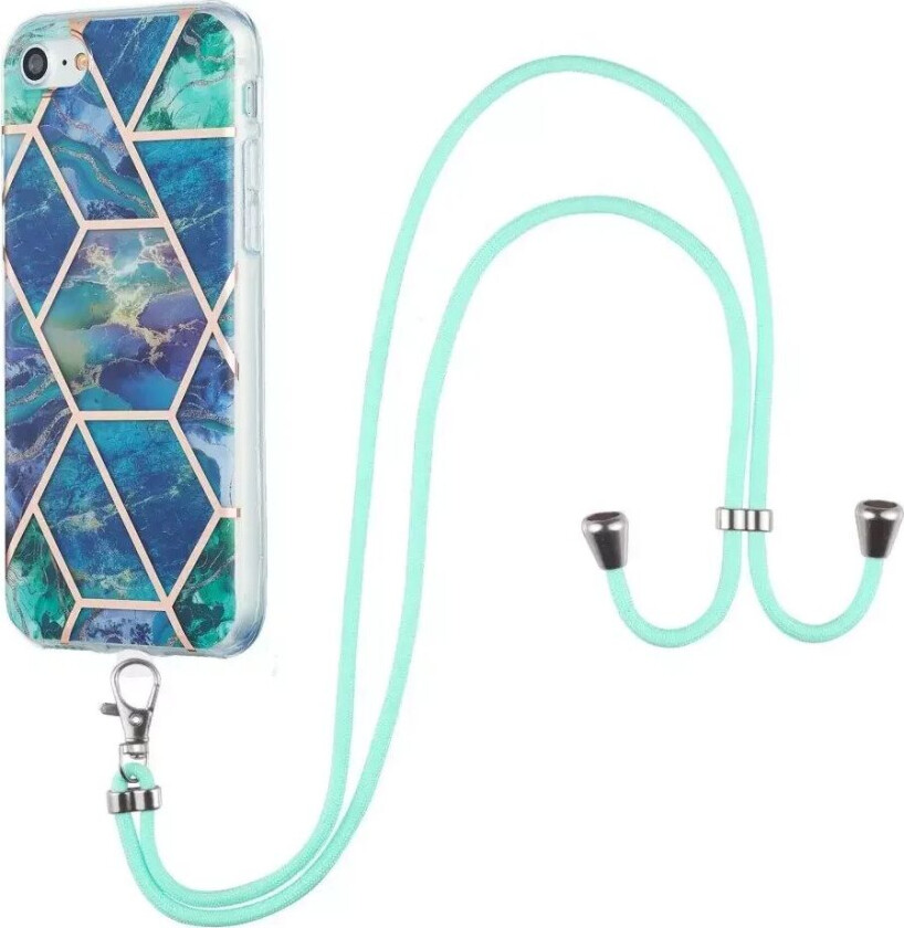 iPhone SE (2022 / 2020) / 8 / 7 Hybrid Bakdeksel med Stropp - Marmor - Blå & Grønn