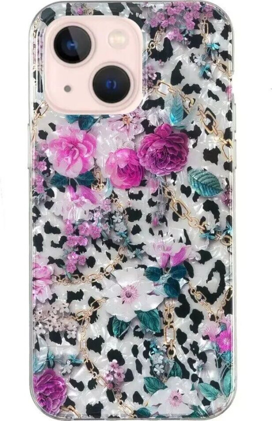 iPhone 15 Fleksibelt Plastdeksel - Leopard og Blomster Mønster