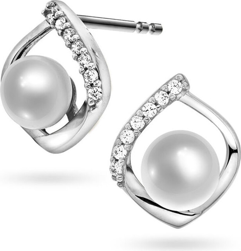 , Øredobber i 585 hvitt gull med ferskvannsperle og zirkonia med dråpeform