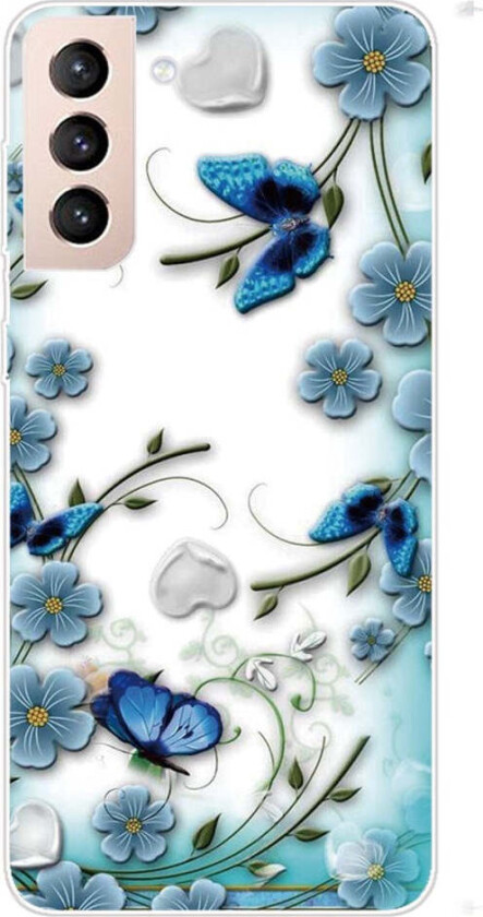 Samsung Galaxy S22+ (Plus) Fleksibelt Plast Deksel med Vakkert Motiv - Blå Blomster & Hjerter