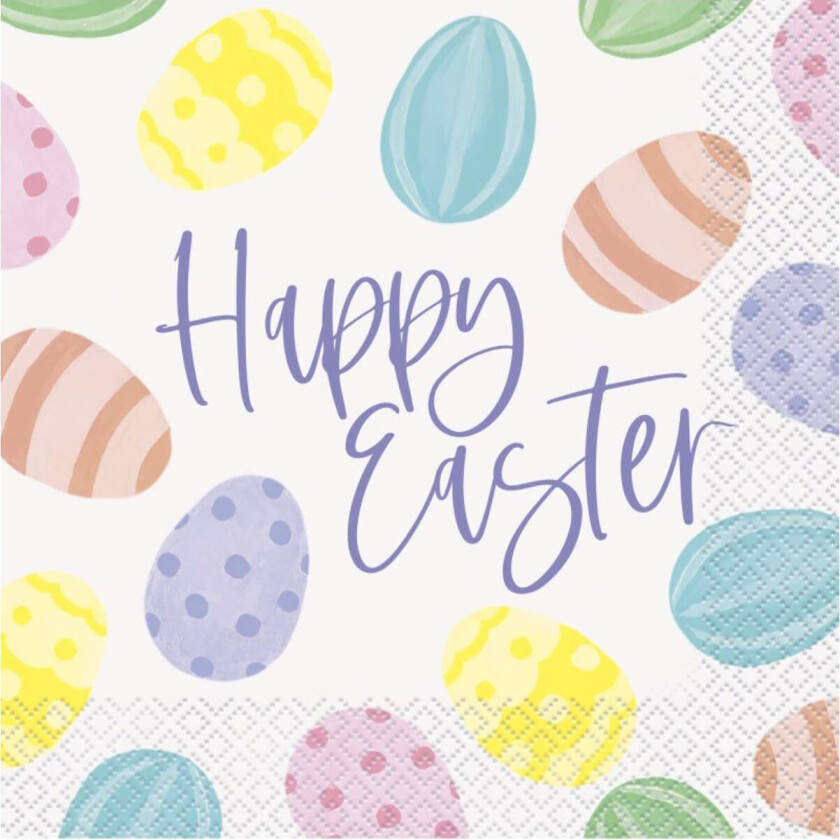 Bilde av Påskeservietter dekorert med fargerike egg og teksten Happy Easter, pk/16