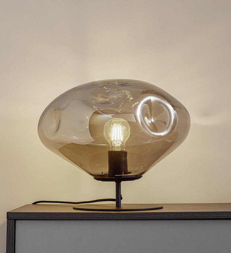 Lindby bordlampe Lelia, røykgrå, glass, metall, Ø 35 cm