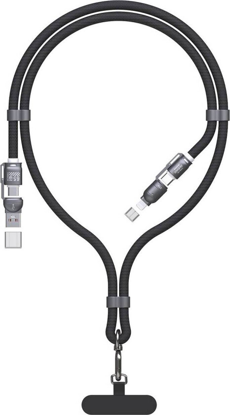 4-i-1 vevd multi-kabel og lanyard - 65W - USB-C, Lightning og USB - 1,5m - Sort