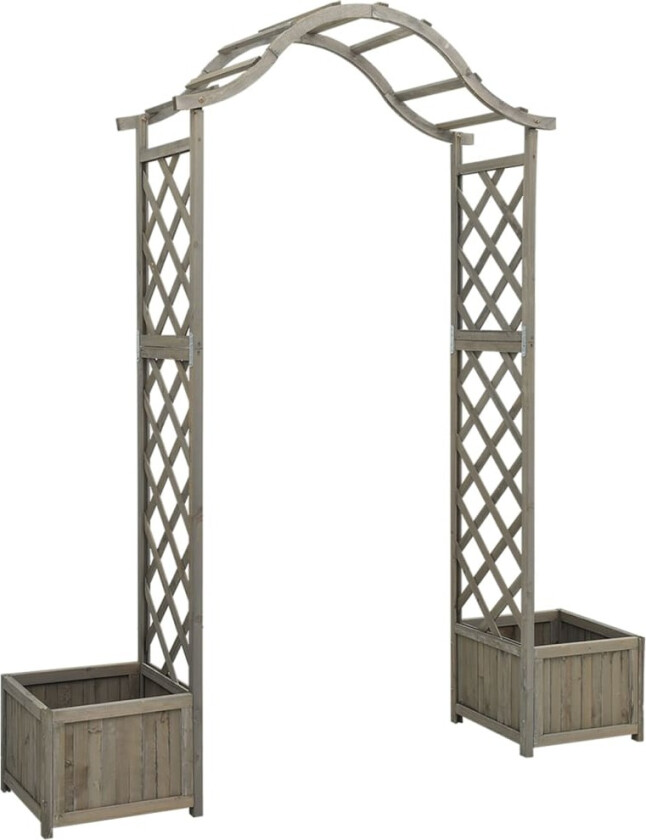 Hagepergola med blomsterkasse grå heltre gran