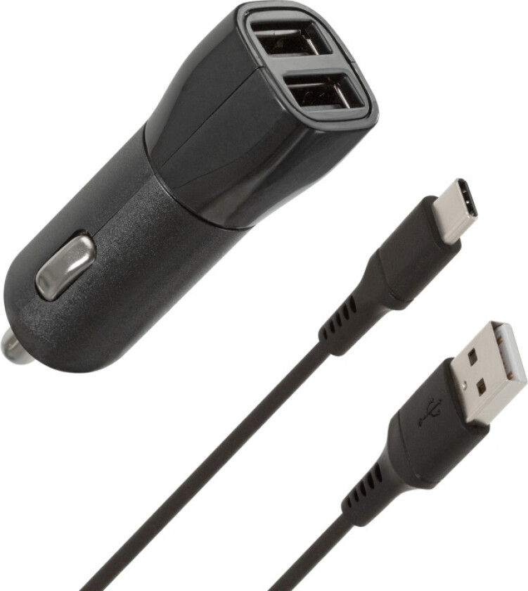 billader, med to USB-kontakter + Type-C-kabel, 15,5 W