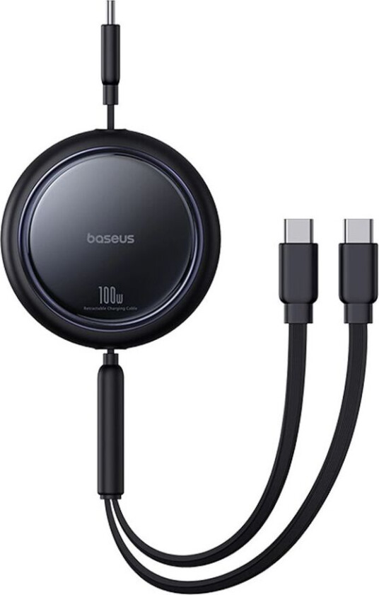 USB-C uttrekkbar kabel til 2x USB-C 100W, 1m - Svart