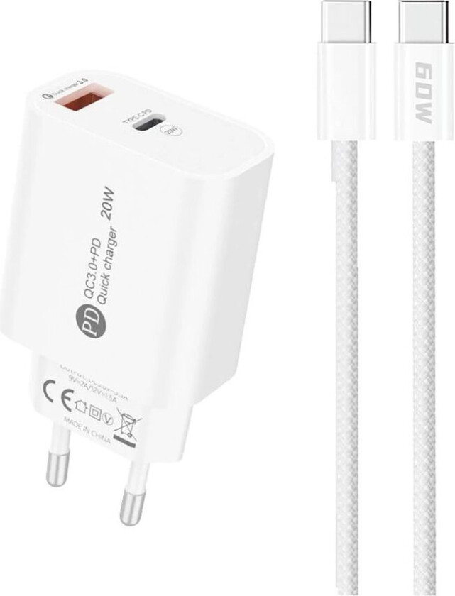 A6MaxL Vegglader USB-C/USB-A 20W med USB-C-kabel, 1m - Hvit