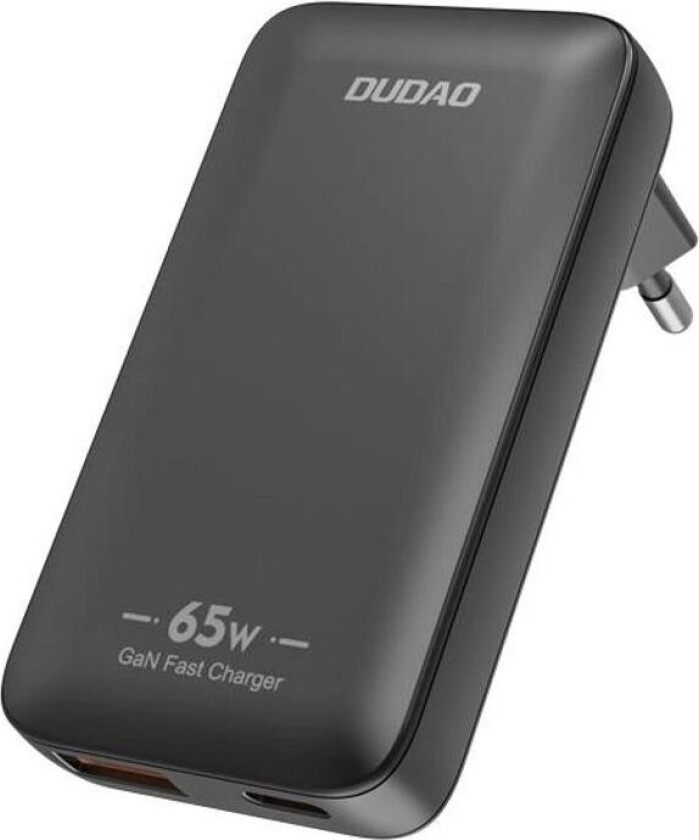 GaN reisevegglader Ultratynn 65W USB-A/USB-C PD/EU/US - Svart