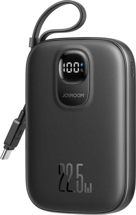 22,5W hurtigladende Powerbank 10000mAh innebygd USB-C-kabel - svart