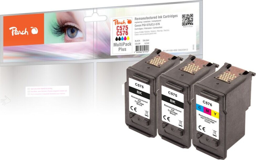 Kompatibel med Canon PG-575/CL-576 blekkpatron multipakke Plus, 2x Svart 5,6 ml / 1x farge 6,2 ml