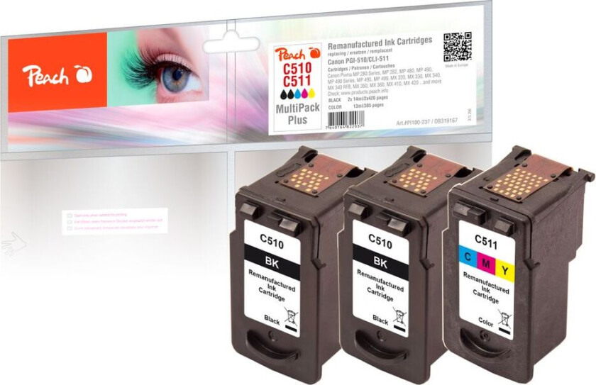 Kompatibel med Canon PG-510/CL-511 blekkpatron Multi-Plus, 2x Svart 14ml / 1x farge 13ml