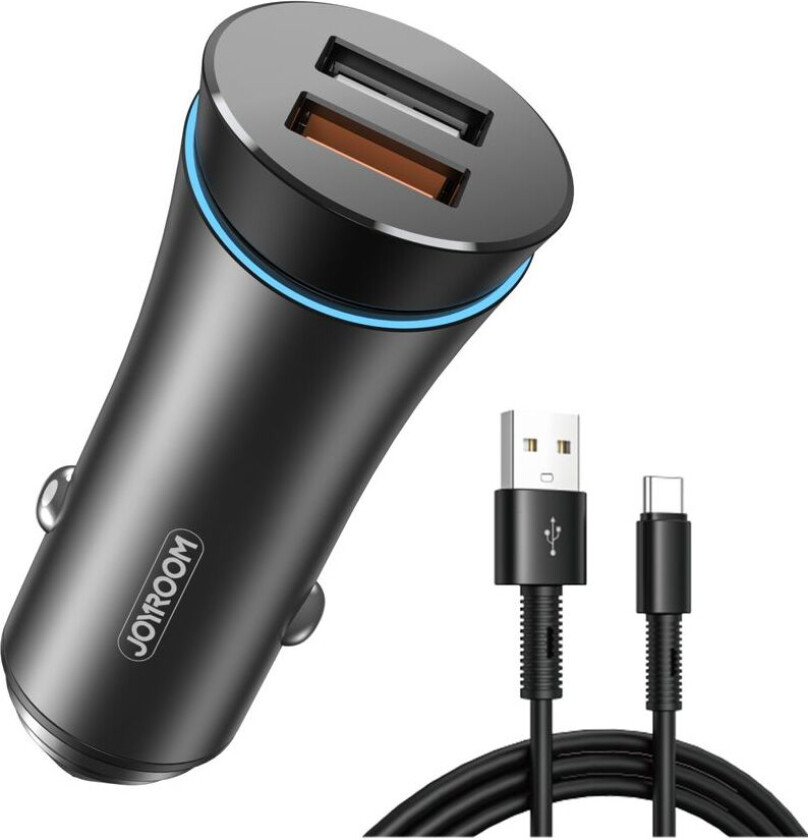 30W Dual-Port billader QC3.0, med USB-A - USB-C-kabel - Svart