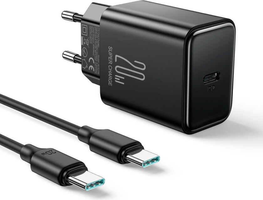 20W hurtiglader PD + 60W USB-C-kabel, 1m - svart