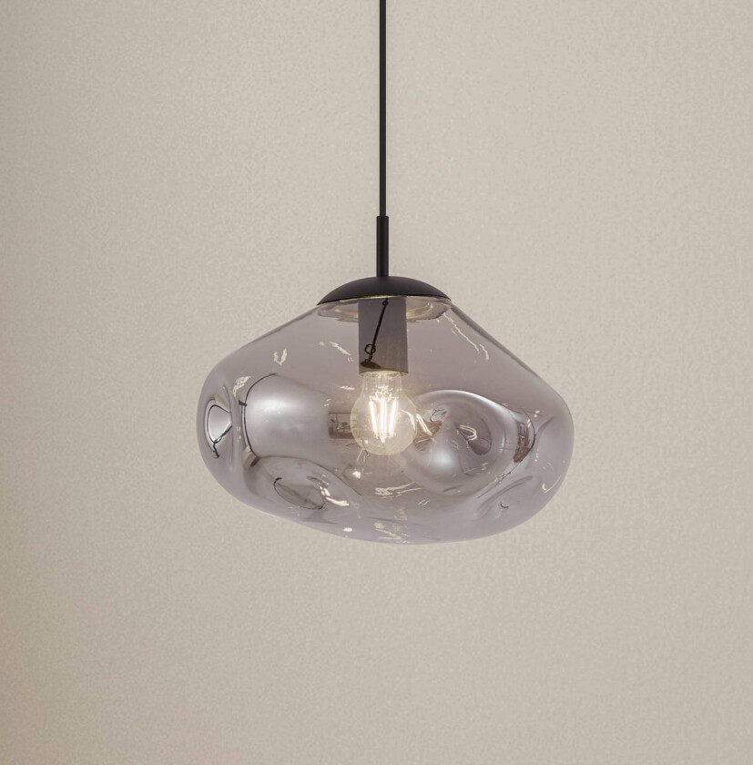 Lindby hengelampe Lelia, røykgrå, glass, Ø 35 cm