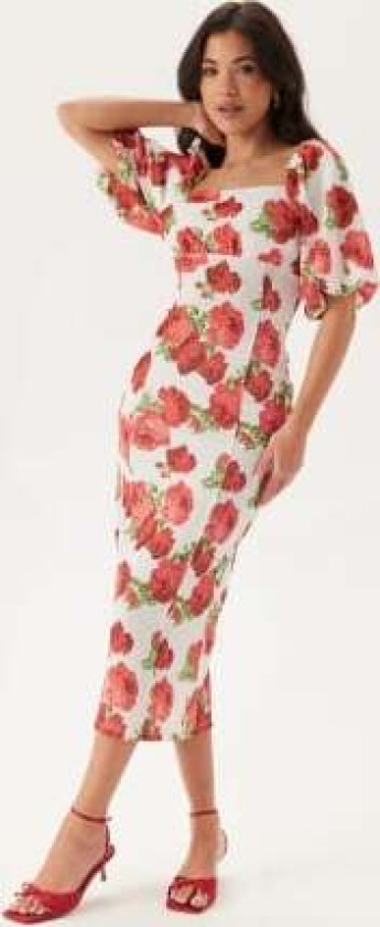 Volume Sleeve Midi Dress Red/Floral L