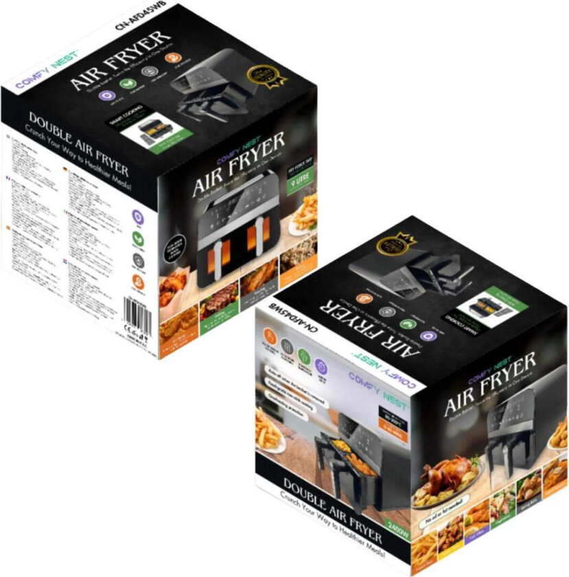 Comfy Nest CN-AFD45WB: 2400W svart dobbelkurv digital luftfrityrkoker med vindu - 9L