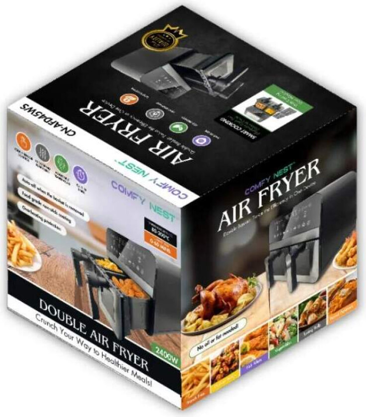 Comfy Nest CN-AFD45WS: 2400W dobbel S/S kurv Digital Airfryer med vindu - 9L