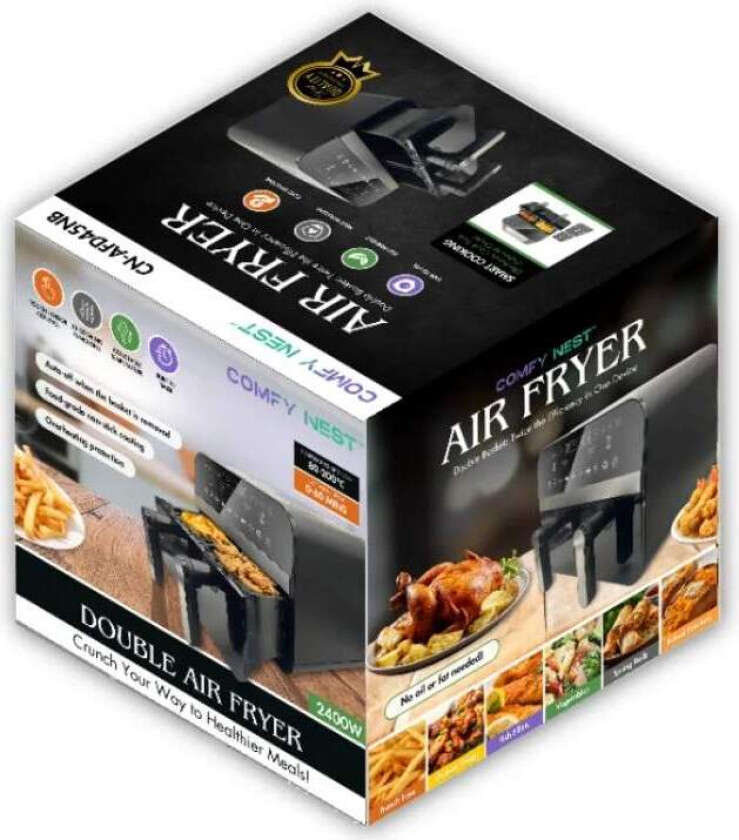 Comfy Nest CN-AFD45NB: 2400W svart dobbelkurv digital luftfrityrkoker - 9L