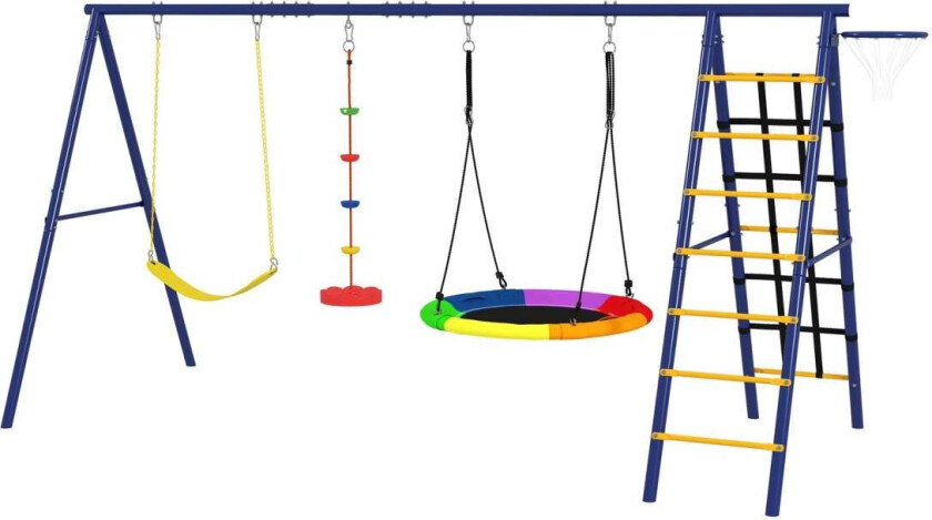 Bilde av Huskestativ for barn 6 i 1 huskestativ i stål med beltehuske, reirhuske, trinsehuske, klatrenett, klatrestige og basketballbøyle