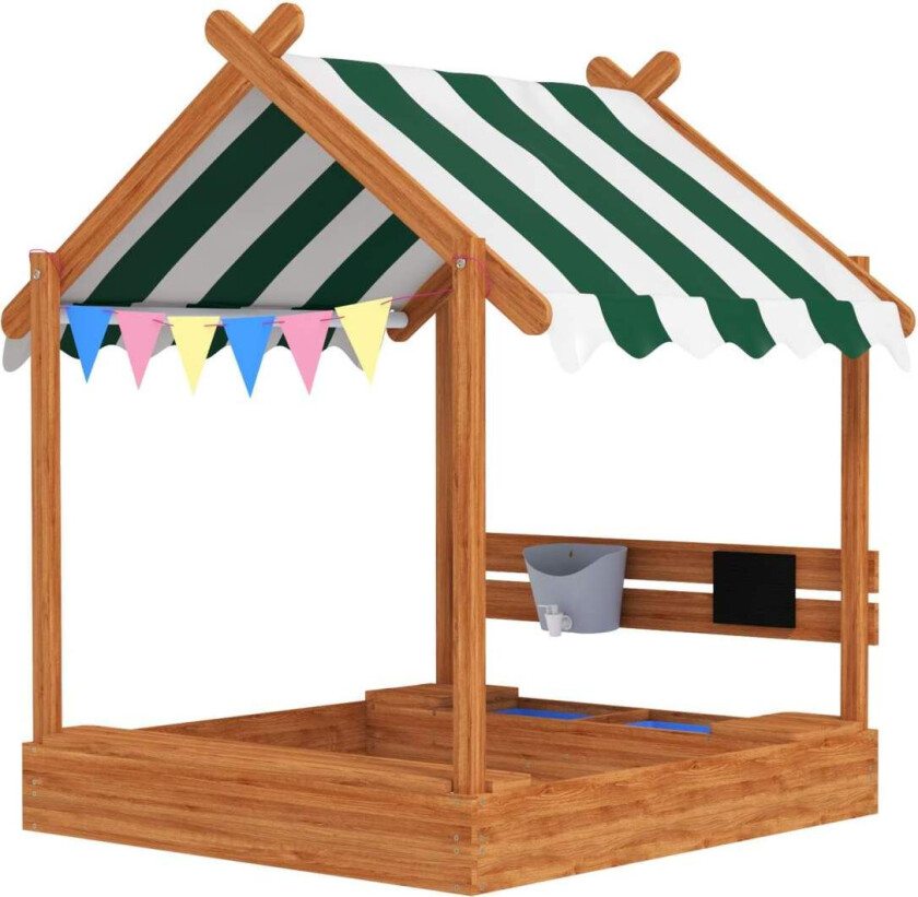 Sandkasse med tak, sandkasse av tre med sete, lekehus, 124 x 116 x 146 cm sandkasse med brett for 3-7 år barn, hage, oransje Aos