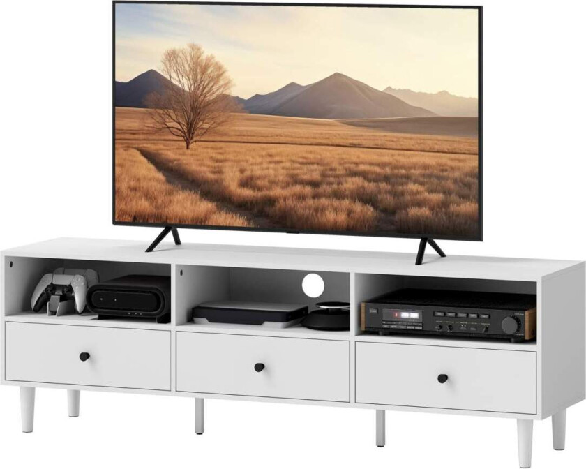 TV-skap TV-bord med skuffer, 3 åpne rom 140 cm langt TV-lowboard med kabelhåndtering for TV-er opp til 75 tommer TV-bord til stu