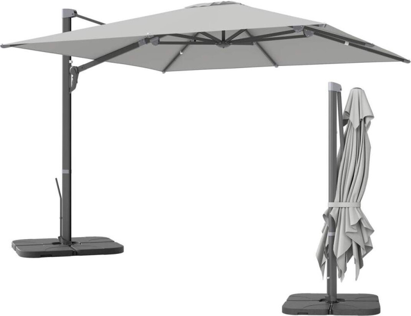 Aluminium Cantilever paraply 3 x 3 m 360° roterende parasoll med sveivstativ Vippbar vannavstøtende markedsparaply Høydejusterba