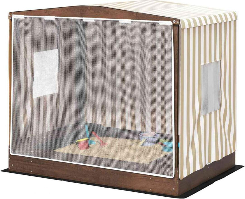Sandkasse med kalesje og nettingdør, 142 x 101,5 cm sandkasse i tre med benk, oppbevaringsplass, gulvbeskyttelse, for 4 barn 3-6