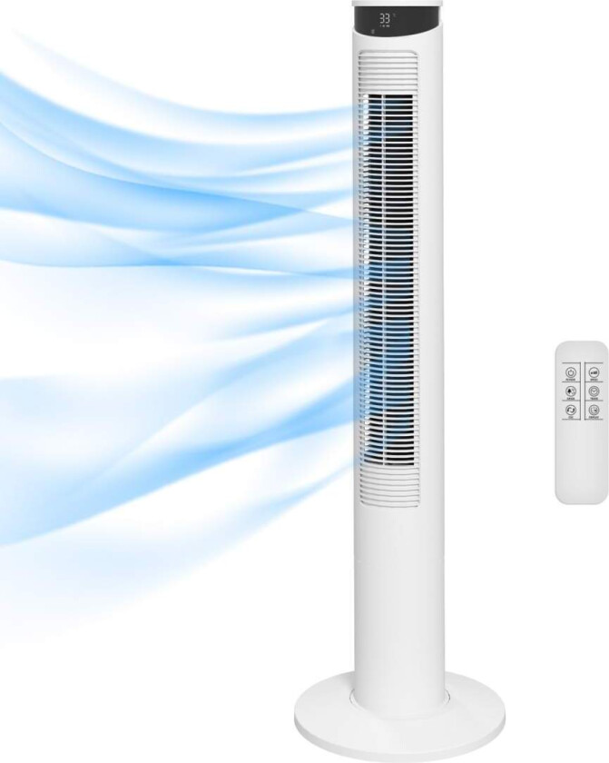Tårnvifte, pidestallvifte med 3 ventilasjonsnivåer, fjernkontroll, 45W vifte med 12H timer, 70° oscillasjon, for soverom, hvit