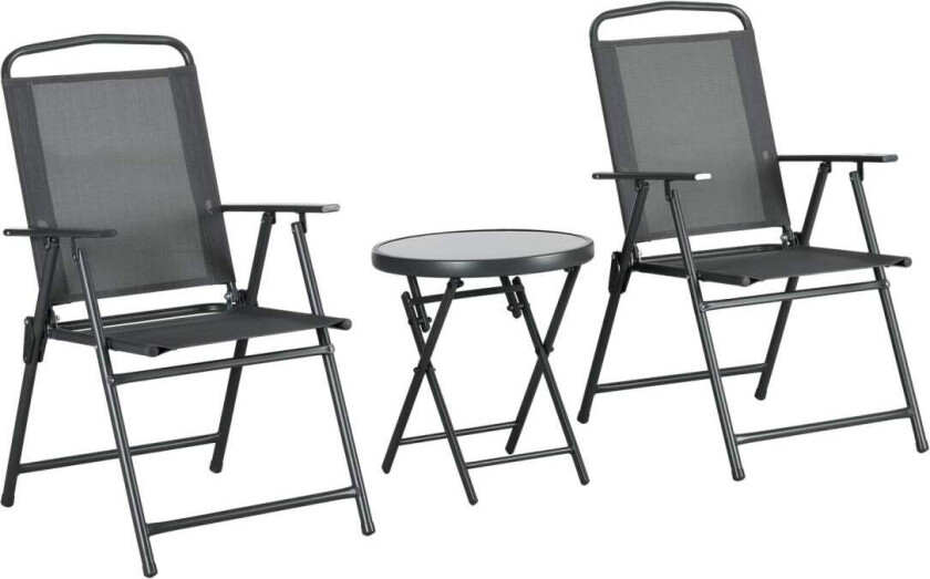 3-delt bistrosett av metall, værbestandig hagemøbelsett med sammenleggbart glassbord, hagestoler, utebalkongmøbelsett, sittegrup