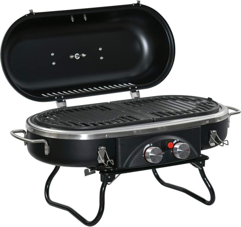 Gassgrill 2,34 KW sammenleggbar BBQ hagegrill inkludert 2 brennere i rustfritt stål, trykkreduksjon, gasslange, lokk, termometer