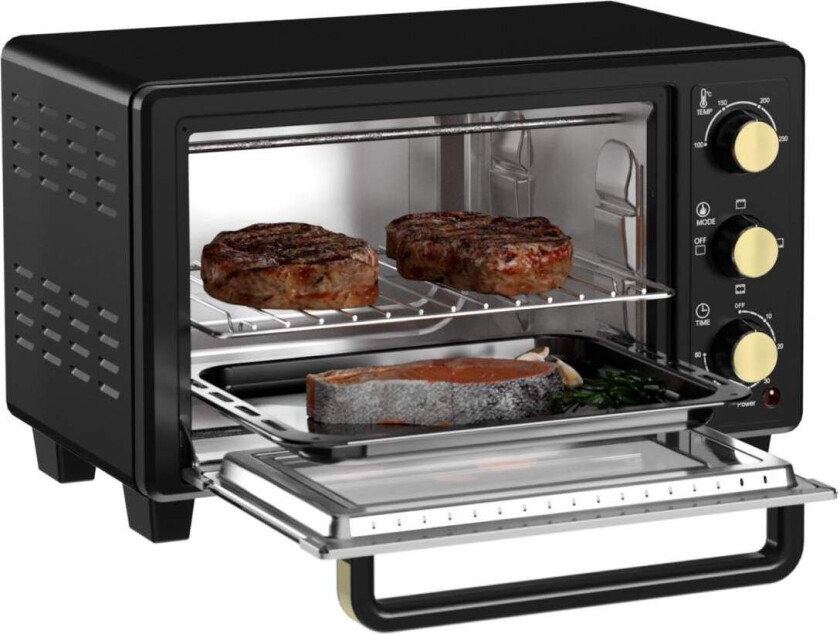 Miniovn 16 L 1400W Miniovn 100-230? 60 min. timer, med grillrist og stekebrett, pizzaovn med bretthåndtak, smulebrett svart