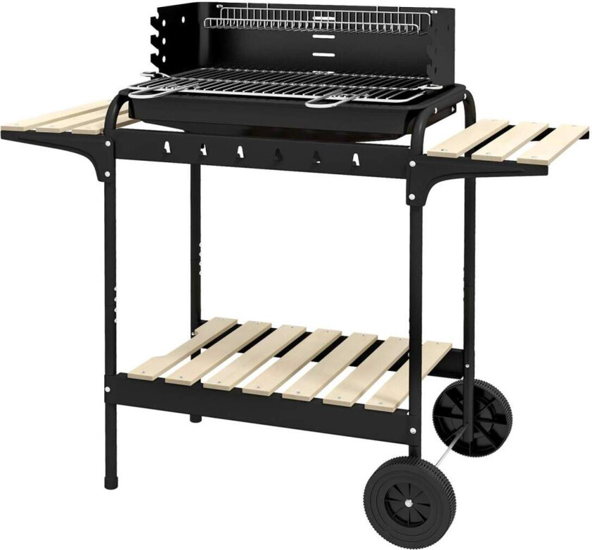 Kullgrill laget av metall BBQ røyker med hjul, høydejusterbar grillrist, trehylle, mobil grillvogn kullgrill, kullgrill for gril