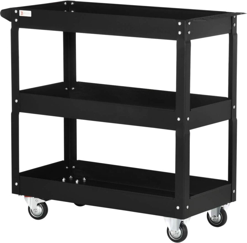 Bilde av Verkstedvogn i stål med 3 hyller på hjul med håndtak - maks. belastning 150 kg - 83 x 35,3 x 76 cm Sort