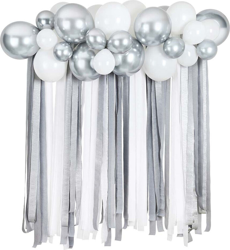 Ballongbue med Streamers Hvit/Sølv Metallic