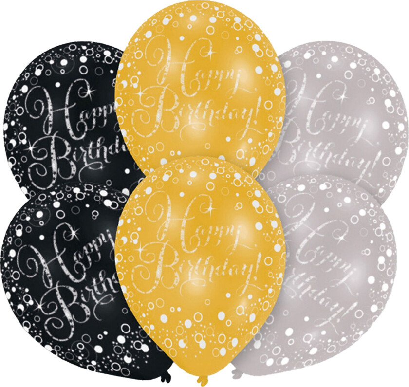 Lateksballonger Happy Birthday Gull/Sølv/Svart - 6-pakning
