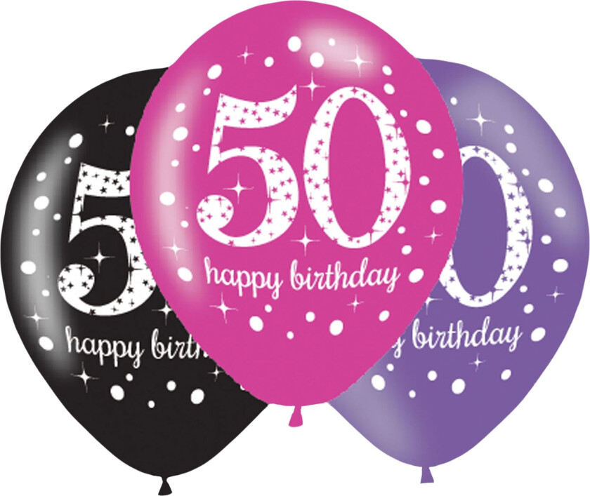 Ballonger 50 Rosa/Svarte Happy Birthday - 6-pakning