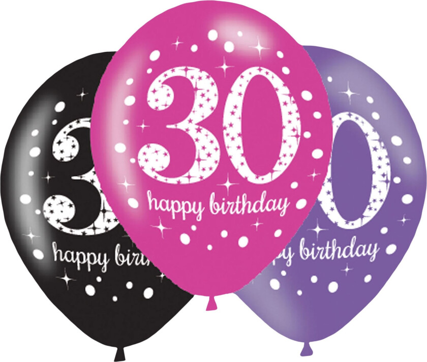 Ballonger 30 Rosa/Svart Happy Birthday - 6-pakning