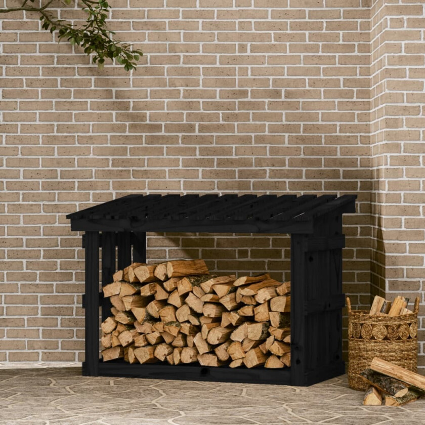 Vedstativ svart 108x64,5x77 cm heltre furu